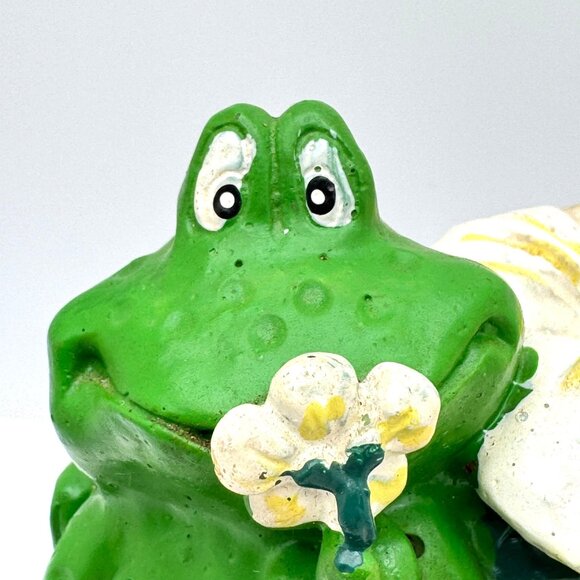 Vtg Whimsical Frog Flowers Ladybug Figurine Hermitage Pottery Hand Painted Green - Picture 2 of 12